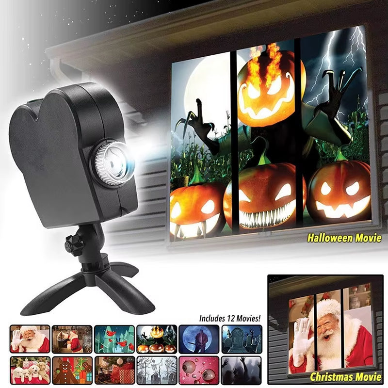 40W Window Projector Light – 12 Dynamic Holiday Movies | Waterproof Atmosphere Lamp for Christmas, Halloween & Home Parties